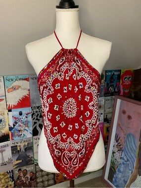 Vintage Tadashi Shoji 100% Silk Red Bandana-Print Backless Beaded Halter Top